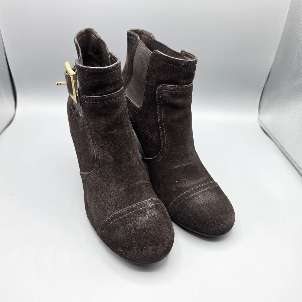 Tory Burch Deanna Booties Womens 10.5 Brown Suede Distressed Wedge Buckles